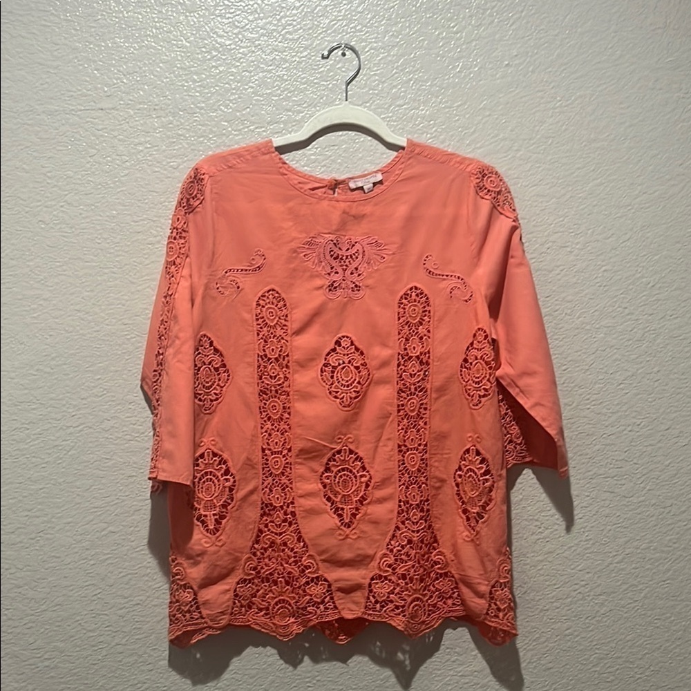 Saint Tropez West Cotton Lace blouse top long sleeve coral pink M Vacay Casual